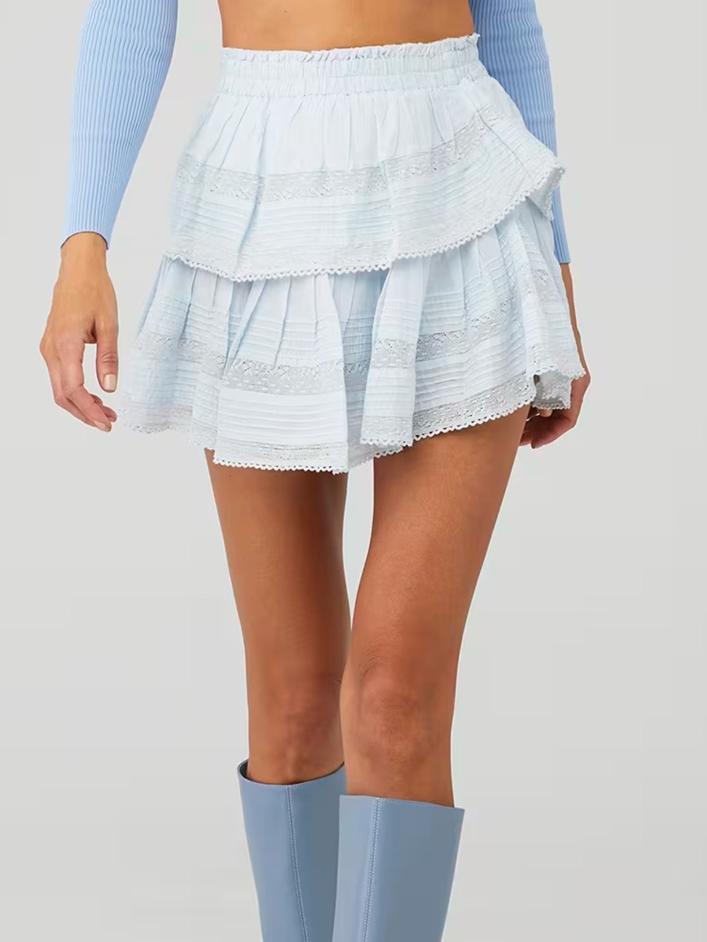 Loveshackfancy Light Blue Tiered Ruffle Mini Skirt -
